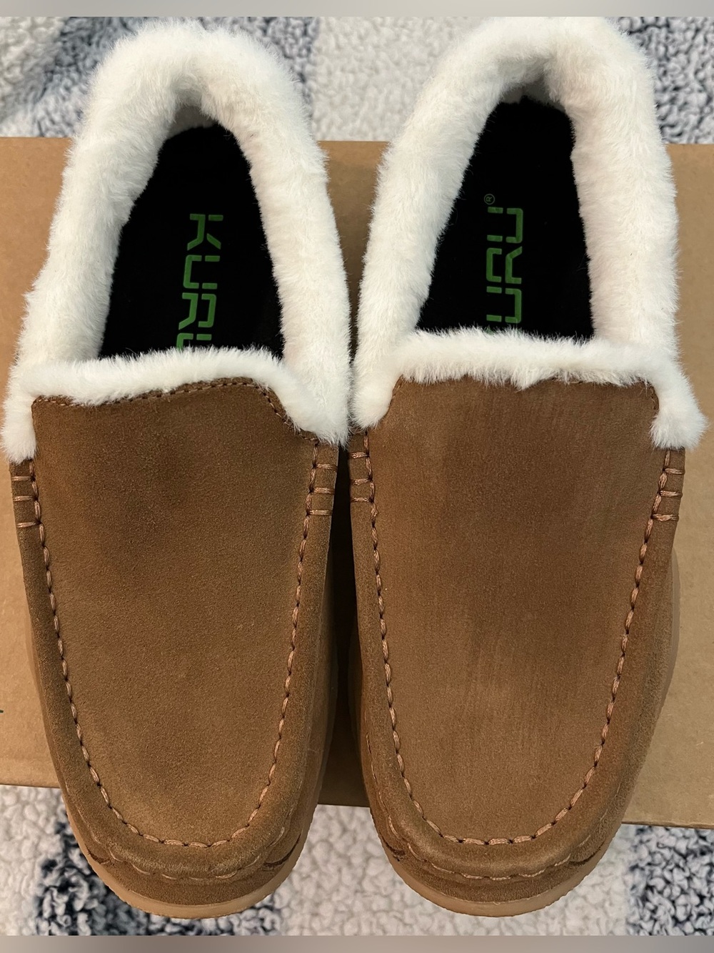 KURU Women/Unisex Tan Suede Moccasin Slippers with White Faux Shearling